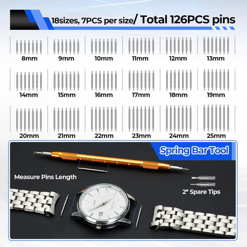 Detailed view of watch spring bar tool with various pin sizes and spare tips, part of 192 Piece Watch Repair Kit Heavy Duty Tool Set With Link Remover Battery Replacement Tools Back Remover Openers Pins Tweezers Hammer Anti Magnetic Screwdrivers PU Leather Case DIY Pro Kit And User Manual.