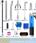 Front view of PAIGOIN grease gun kit, 8000 PSI blue pistol grip with 19in and 28in hoses and accessories