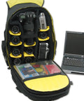 Large Camera Backpack With Padded Dividers, 16 Inch Laptop Compartment, Hi Vis Yellow Interior, showcasing camera gear storage
