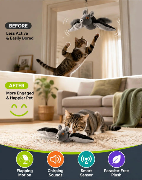 Flying Bat Dog Toy With Motion Activated Rechargeable Power, Interactive Indoor Outdoor Toy For Cats And Dogs With Realistic Flapping Wings And Pet Hair Removal Glove, plush bat cat toy with flapping wings