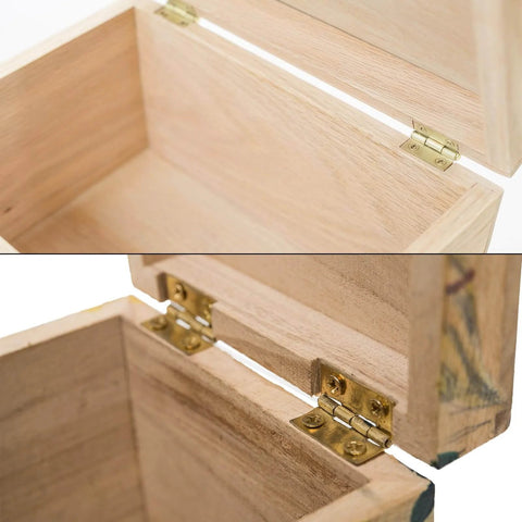 Wooden boxes with 100 Pcs Mini Brass Hinges For Cabinets And DIY Projects, Gold Finish Small Butt Hinges 0.4 By 0.3 Inch, installed.