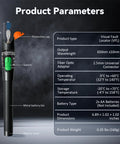 Front view of a black handheld Visual Fault Locator for fiber optics; green switch and orange protective cap