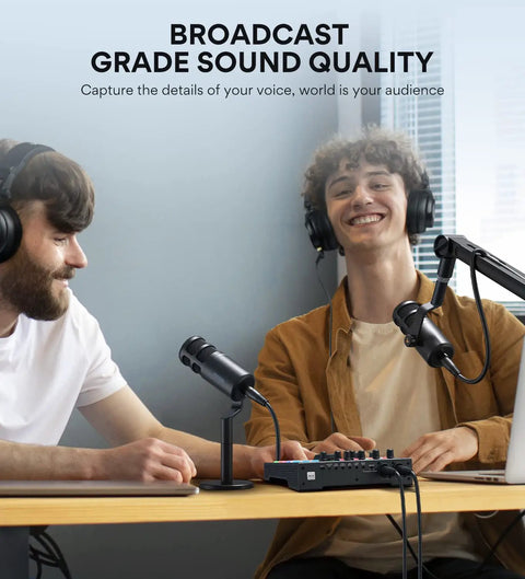 Two people using XLR Dynamic Podcast Microphone With Cardioid Pickup, Built In Double Layer Pop Filter in a recording session