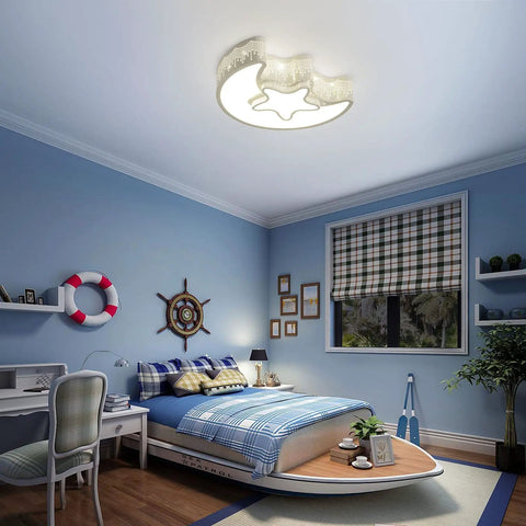 Close To Ceiling Kids Room Light Fixture With Moon And Star Shape Modern Metal Ceiling Chandelier In White 4000K Natural Glow