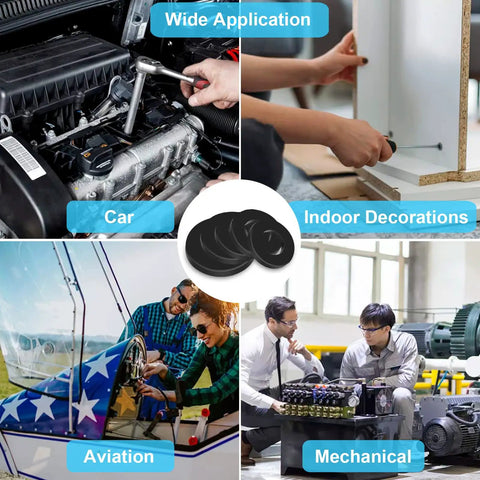 Premium Nylon Flat Washers Set With 1200 Pcs In 9 Sizes M2, M2.5, M3, M4, M5, M6, M8, M10, M12 Black Fender Washers usage in car, indoor, aviation, mechanical applications