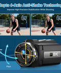 Dope 8K Camcorder With 88MP Ultra HD Video, WiFi Vlogging Camera showing 6 axis anti shake technology with basketball player example