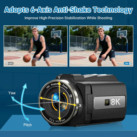 Dope 8K Camcorder With 88MP Ultra HD Video, WiFi Vlogging Camera showing 6 axis anti shake technology with basketball player example