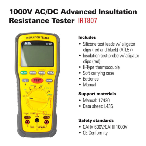 Insulation Resistance Tester 1000V Megohmmeter For Electric Pros Pro Grade Quality, 0.01MOhm To 2GOhm Range, Voltage Check Up To 1000V, High Accuracy Meter For Troubleshooting And Safety Compliance, yellow handheld unit with display and dial