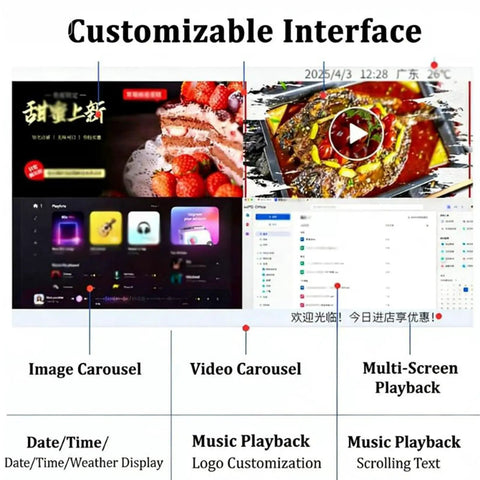 Customizable interface with image carousels, video playback, and date/time display for Next Level Digital Signage Media Player LCD Monitor.