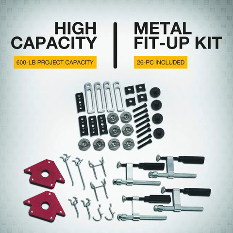 26-piece metal fit-up kit with clamps, hooks, and screws for mobile welding table with firm grip handle and heavy duty swivel casters.