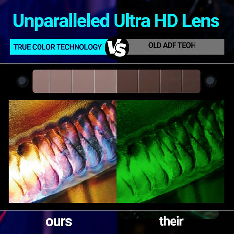 Comparison between True Color Technology and old lens on welding seam, featuring Auto Darkening Welding Lens Shade 11 With True Color Blue Technology