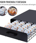 Under Counter Pod Holder For 40 Cocktail Capsules, Slim Drawer Organizer with steel design, displaying organized capsules.