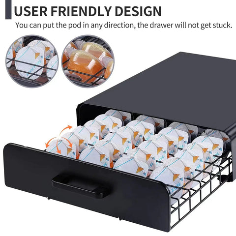 Under Counter Pod Holder For 40 Cocktail Capsules, Slim Drawer Organizer with steel design, displaying organized capsules.