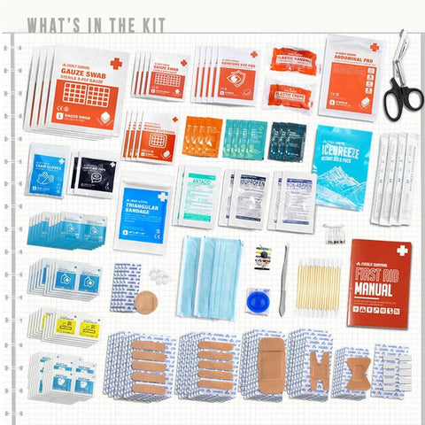 First aid kit contents: 400-piece OSHA/ANSI Type III set with gauze, bandages, tape, scissors, gloves, wipes, manual