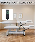 OmySalon Pro Electric Lift Massage Table With Dual Motors For Facial Beauty Salon Spa Therapy showcasing remote height adjustment feature.