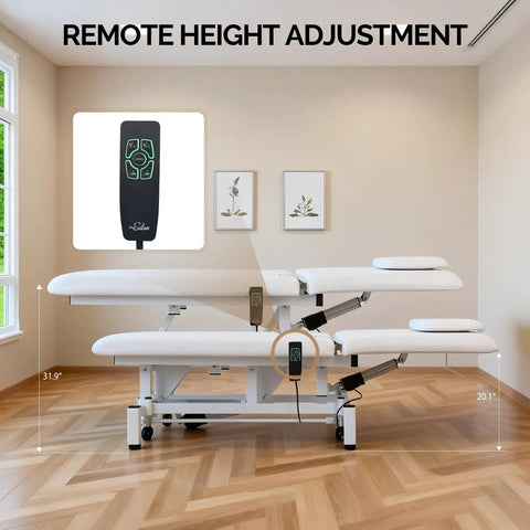 OmySalon Pro Electric Lift Massage Table With Dual Motors For Facial Beauty Salon Spa Therapy showcasing remote height adjustment feature.
