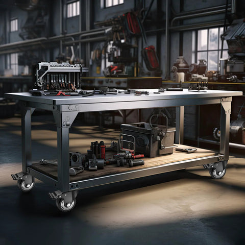 Workbench with tools on heavy-duty caster wheels, showcasing industrial 3 Inch Heavy Duty Caster Wheels Set Of 4 With Locking Swivel Casters.