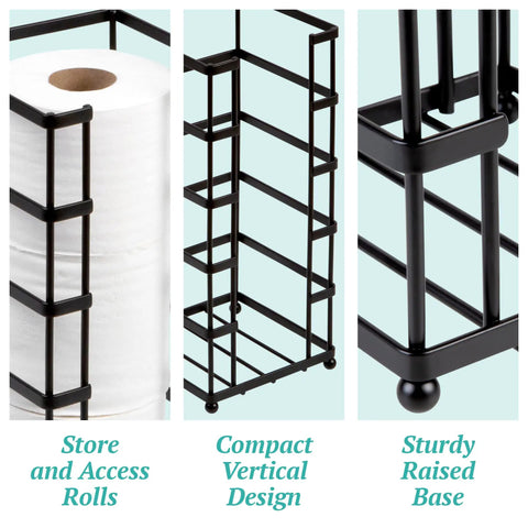 Close-up of a black free standing toilet paper holder stand with 3 roll capacity vertical dispenser for jumbo mega rolls