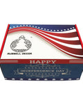 Patriotic themed shipping box with flag design and 'Happy Independence Day' text, top view