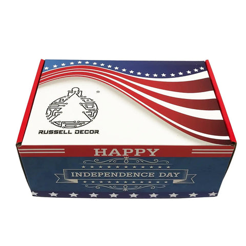 Patriotic themed shipping box with flag design and 'Happy Independence Day' text, top view