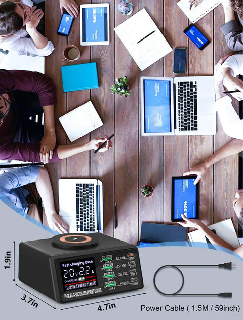110W 8 Port USB Charging Station Fast Charge Hub in office setup with laptops, showing dimensions and power cable