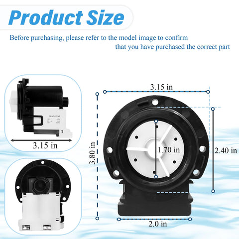 Front view of 4681EA2001T washer drain pump motor for Kenmore/LG; black housing, white impeller