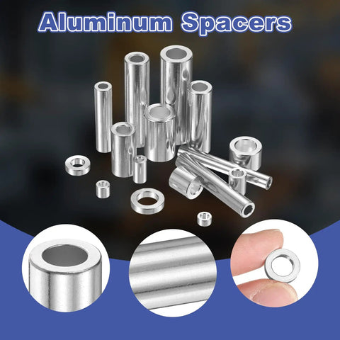 16 Piece Aluminum Spacers With 5/16 Inch Inner And Half Inch Outer Diameter Rock Solid Unthreaded Standoffs For M8 Bolts And Rods Sweet Silver Coating For No Sweat Mechanical Builds, displayed from above.