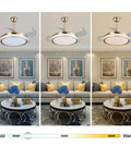 Ceiling Fan Light with Flush Mount Design, Integrated Illumination, Modern in three color temperatures over living room decor.
