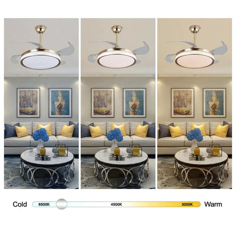 Ceiling Fan Light with Flush Mount Design, Integrated Illumination, Modern in three color temperatures over living room decor.