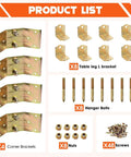 Heavy Duty Iron L Shaped Corner Brackets For Tables And Benches Rock Solid Build With Self Aligning Hanger Bolt Hardware Kit displayed with accessories.