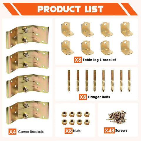 Heavy Duty Iron L Shaped Corner Brackets For Tables And Benches Rock Solid Build With Self Aligning Hanger Bolt Hardware Kit displayed with accessories.