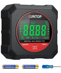 Heavy Duty Digital Angle Gauge With Freakin Precise Readings And Hella Strong Magnetic Backing Optimized For Rapid Framing Layouts And Hassle Free Weekend Projects on a black digital inclinometer with green display.
