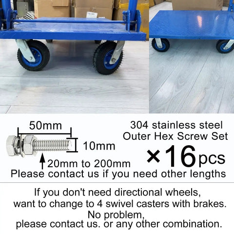 Heavy Duty Swivel And Fixed Plate Caster Set With Smooth Roll Pneumatic Rubber Wheels For Toolboxes And Utility Carts featuring visible bolts and wheels.