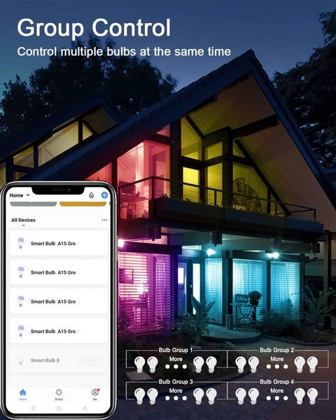 Smart A15 LED Bulbs 6W 40W Equivalent RGB Color Changing Dimmable With E26 Base 2.4GHz WiFi Bluetooth Works With Alexa And Google Home 500 Lumen Pack Of 6 shown in app controlling house lighting.