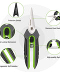 Two Pack Garden Pruning Shears Kit With Eight Inch Bypass Pruner And Six And A Quarter Inch Straight Tip Pruner Premium Plant Shears with features displayed including protective sheath, ergonomic handles, side locking, stainless blades.