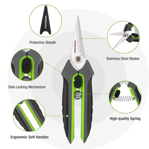 Two Pack Garden Pruning Shears Kit With Eight Inch Bypass Pruner And Six And A Quarter Inch Straight Tip Pruner Premium Plant Shears with features displayed including protective sheath, ergonomic handles, side locking, stainless blades.