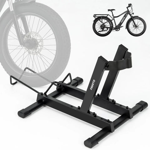 Rock Solid Indoor Bike Stand For 20 To 29 Inch E-Bikes, Road, Mountain And Fat Tire Bikes Up To 4.0 Inches, shown in black iron material.