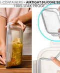 Large 63 Oz Glass Storage Set With Locking Lids, 8 Cup Containers, BPA Free, showing airtight seal and leak proof feature