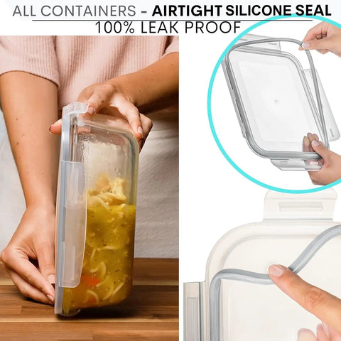 Large 63 Oz Glass Storage Set With Locking Lids, 8 Cup Containers, BPA Free, showing airtight seal and leak proof feature