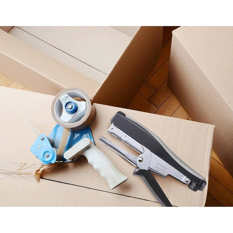 No Jam Plier Stapler With EZ Squeeze Lever And Soft Rubber Handle For Easy Peasy, Smooth Stapling Up To 20 Sheets on cardboard box