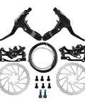 Stop On A Dime Heavy Duty Mechanical Disc Brake Set With Floating Rotor Caliper Cable Lever Kit For Mountain Bikes And Motorcycles, includes levers, rotors, and cables.