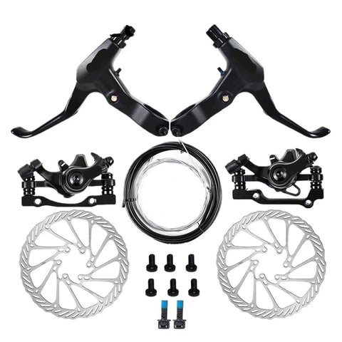 Stop On A Dime Heavy Duty Mechanical Disc Brake Set With Floating Rotor Caliper Cable Lever Kit For Mountain Bikes And Motorcycles, includes levers, rotors, and cables.