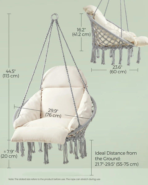 Comfy Hammock Chair With Large Thick Cushion, Boho Swing Chair For Bedroom, Patio Or Garden, Strong Metal Frame, Dove Gray