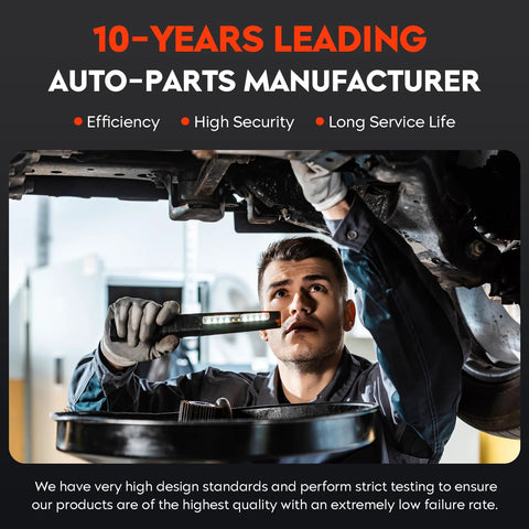 Mechanic inspecting vehicle undercarriage with tools, highlighting auto-parts efficiency and high security standards.