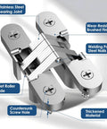 Close-up of Hidden Door Hinge Set 0.63 by 2.76 Inch showcasing features like stainless steel bearing joint and brushed finish.