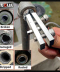 Broken Faucet Removal Tool Pro Grade And Pipe Extractor Set for 1/2 and 3/4 inch pipes showing damaged, rusted sections