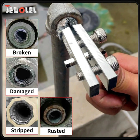 Broken Faucet Removal Tool Pro Grade And Pipe Extractor Set for 1/2 and 3/4 inch pipes showing damaged, rusted sections