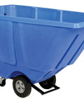 Blue Plastic Tilt Dump Cart With Half Cubic Yard Capacity And 450 Lb Load Rating Featuring Rust Resistant Steel Frame showing wheels and tapered front
