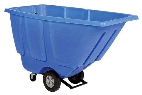 Blue Plastic Tilt Dump Cart With Half Cubic Yard Capacity And 450 Lb Load Rating Featuring Rust Resistant Steel Frame showing wheels and tapered front