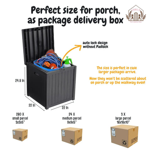 Rugged Outdoor Deck Box 51 Gallon Storage Chest For Patio And Porch, open with tools inside, dimensions labeled, used for packages